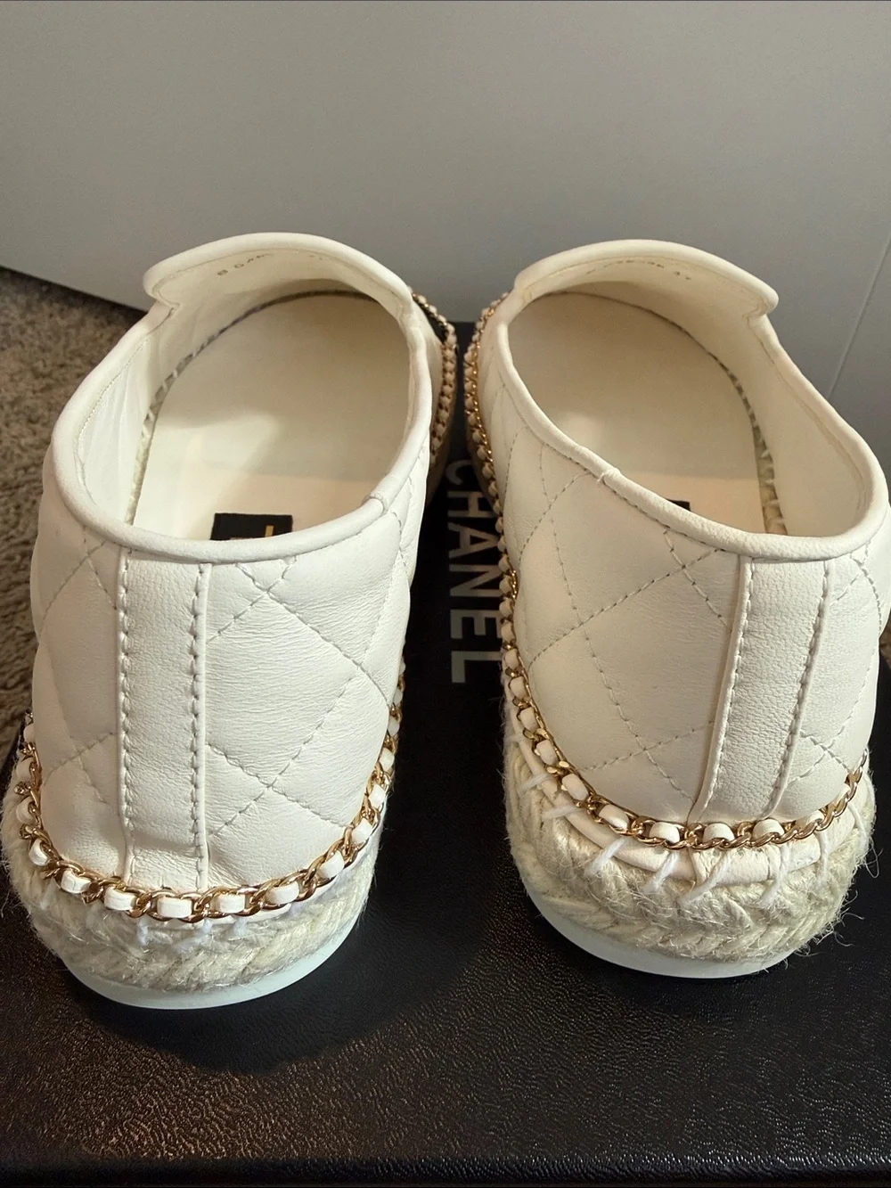 CHANEL White Quilted Espadrilles with Black Toe and Gold Chain